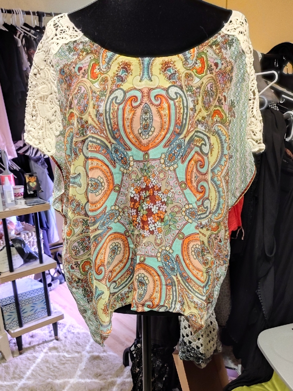 ONE WORLD Silky Paisley Floral Crochet-Sleeve Tunic - Mint, Orange, Cream